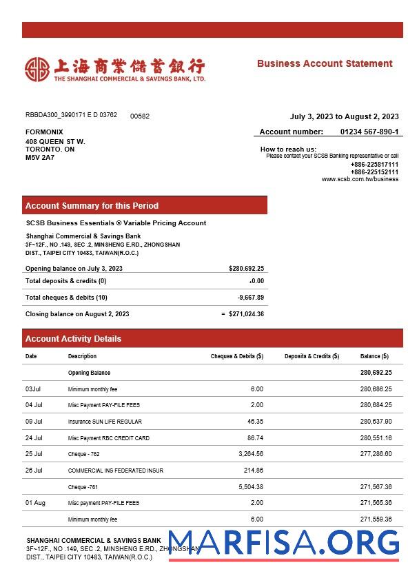 Realistic Shanghai Commercial & Savings Bank firm account statement Word and PDF template